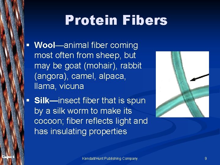 Protein Fibers § Wool—animal fiber coming most often from sheep, but may be goat