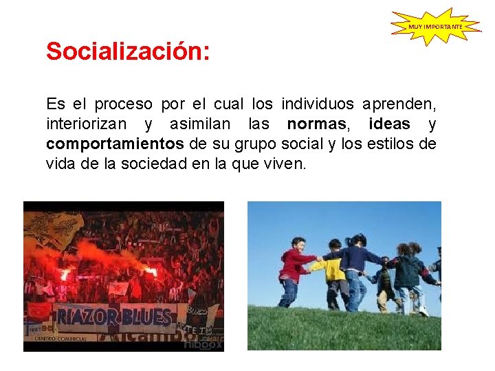 MUY IMPORTANTE Socialización: Es el proceso por el cual los individuos aprenden, interiorizan y