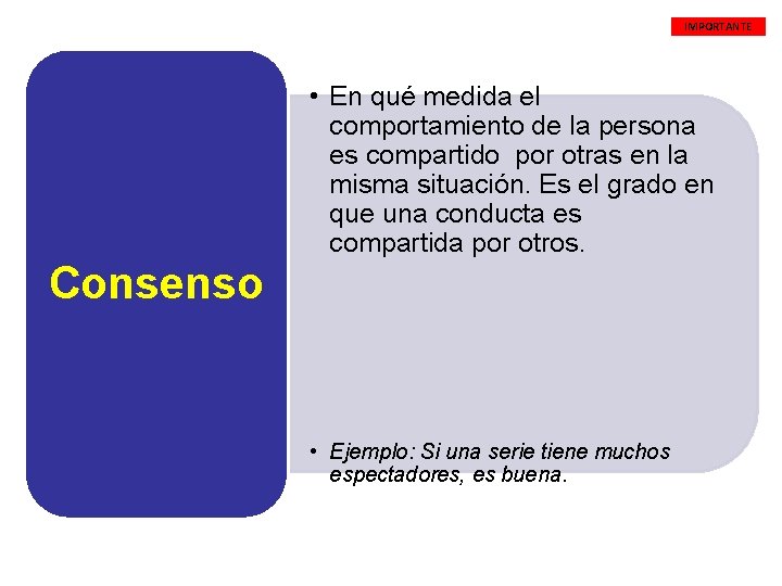 IMPORTANTE • En qué medida el comportamiento de la persona es compartido por otras