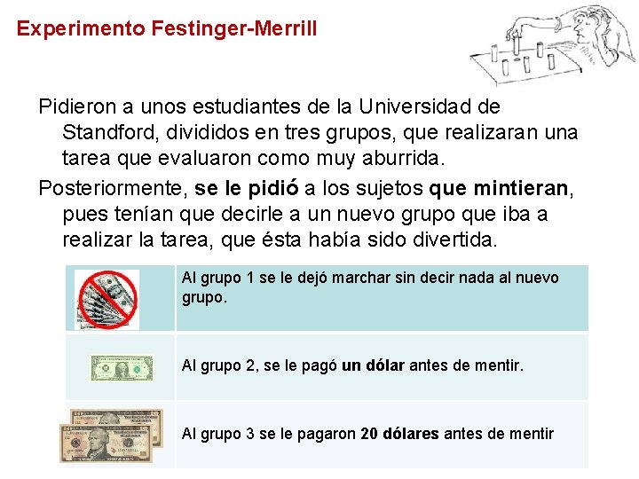 Experimento Festinger-Merrill Pidieron a unos estudiantes de la Universidad de Standford, divididos en tres