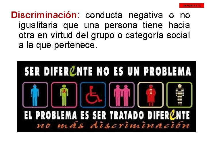 IMPORTANTE Discriminación: conducta negativa o no igualitaria que una persona tiene hacia otra en