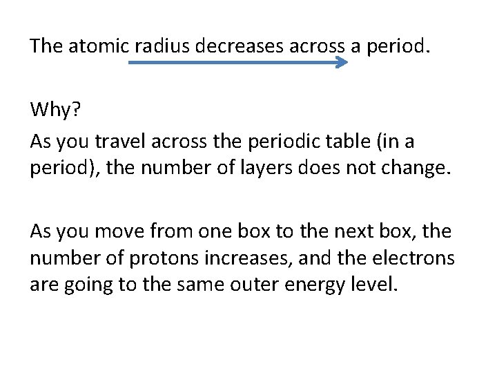 The atomic radius decreases across a period. Why? As you travel across the periodic
