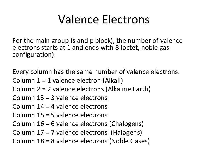 Valence Electrons For the main group (s and p block), the number of valence