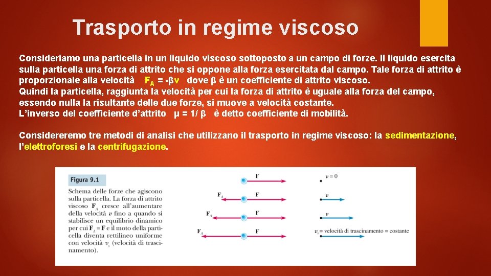 Trasporto in regime viscoso Consideriamo una particella in un liquido viscoso sottoposto a un