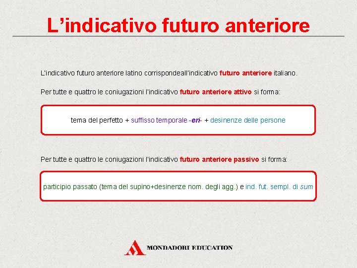 L’indicativo futuro anteriore latino corrispondeall’indicativo futuro anteriore italiano. Per tutte e quattro le coniugazioni
