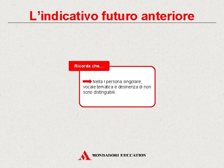 L’indicativo futuro anteriore Ricorda che… Nella I persona singolare, vocale tematica e desinenza di