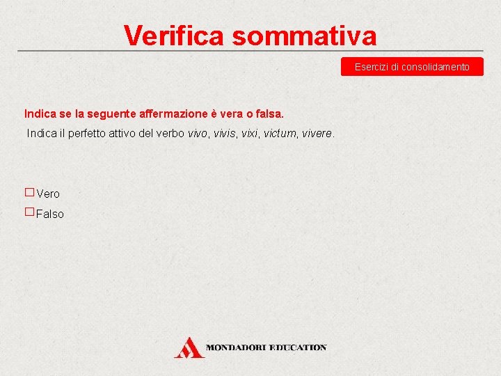 Verifica sommativa Esercizi di consolidamento Indica se la seguente affermazione è vera o falsa.