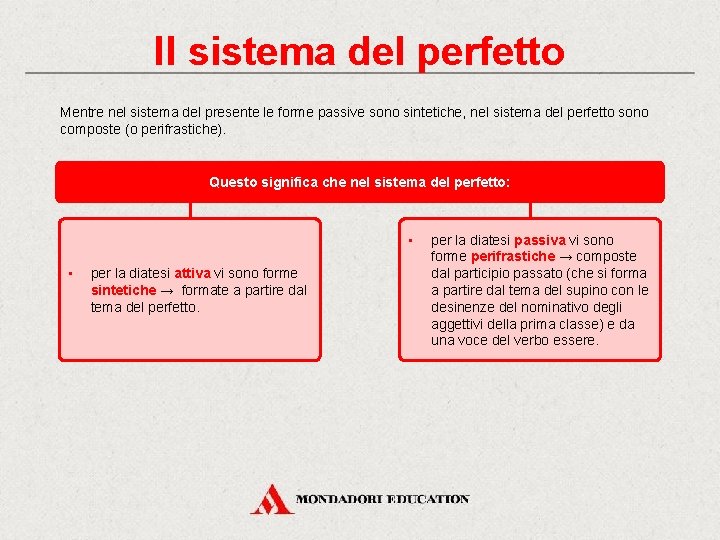 Il sistema del perfetto Mentre nel sistema del presente le forme passive sono sintetiche,