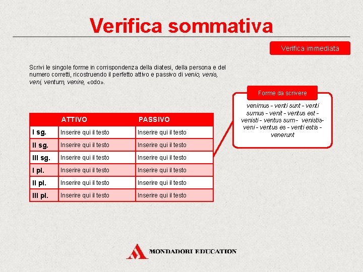 Verifica sommativa Verifica immediata Scrivi le singole forme in corrispondenza della diatesi, della persona