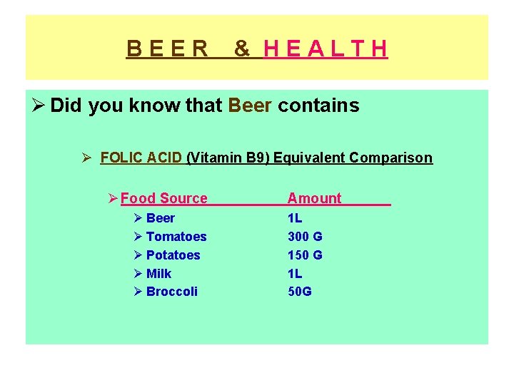 BEER & HEALTH Ø Did you know that Beer contains Ø FOLIC ACID (Vitamin