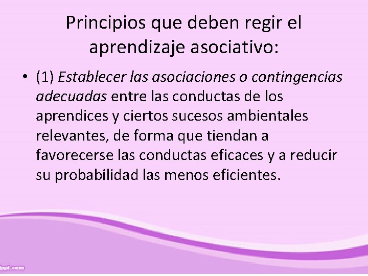 Principios que deben regir el aprendizaje asociativo: • (1) Establecer las asociaciones o contingencias