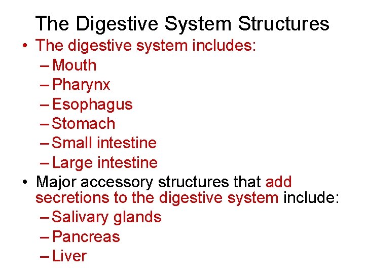 The Digestive System Structures • The digestive system includes: – Mouth – Pharynx – The Digestive System Structures • The digestive system includes: – Mouth – Pharynx –