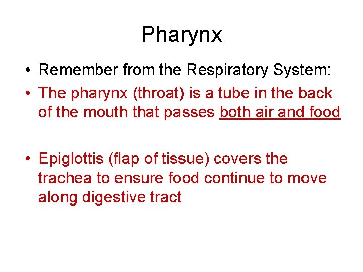 Pharynx • Remember from the Respiratory System: • The pharynx (throat) is a tube Pharynx • Remember from the Respiratory System: • The pharynx (throat) is a tube