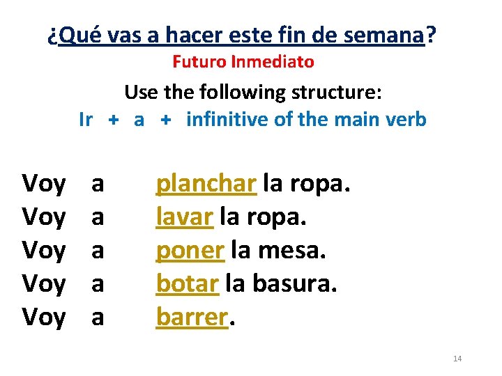 ¿Qué vas a hacer este fin de semana? Futuro Inmediato Use the following structure: