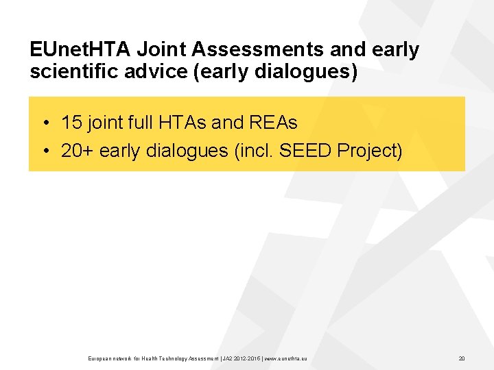 EUnet. HTA Joint Assessments and early scientific advice (early dialogues) • 15 joint full