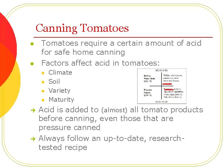 Canning Tomatoes l l Tomatoes require a certain amount of acid for safe home