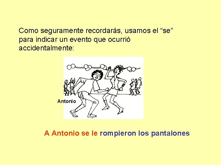 Como seguramente recordarás, usamos el “se” para indicar un evento que ocurrió accidentalmente: Antonio