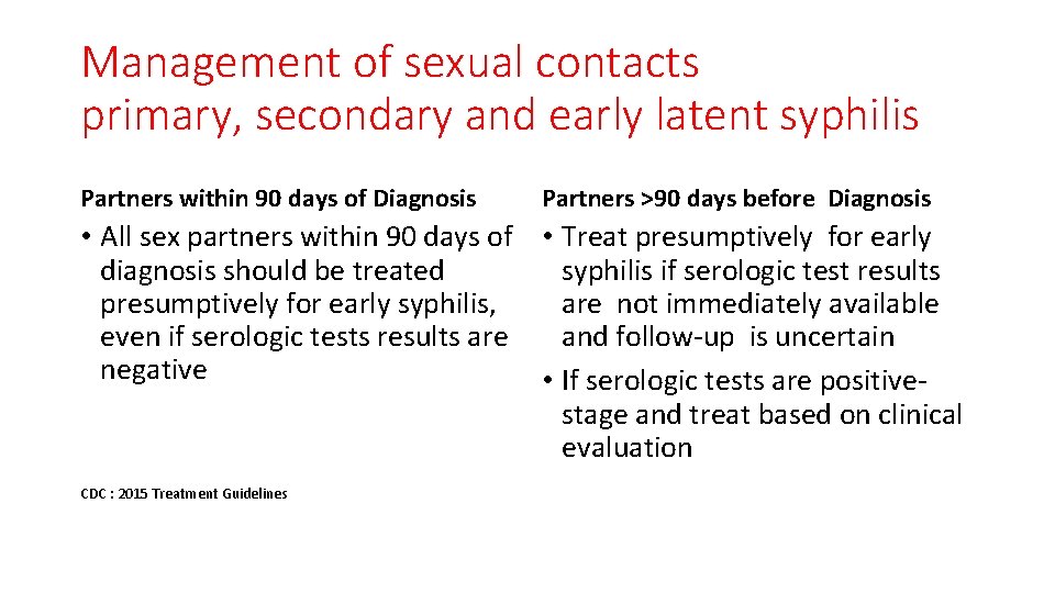 Management of sexual contacts primary, secondary and early latent syphilis Partners within 90 days