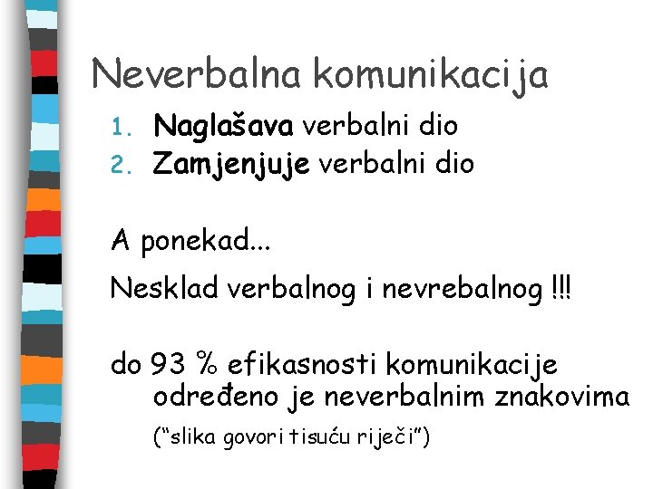 Neverbalna komunikacija Naglašava verbalni dio 2. Zamjenjuje verbalni dio 1. A ponekad. . .