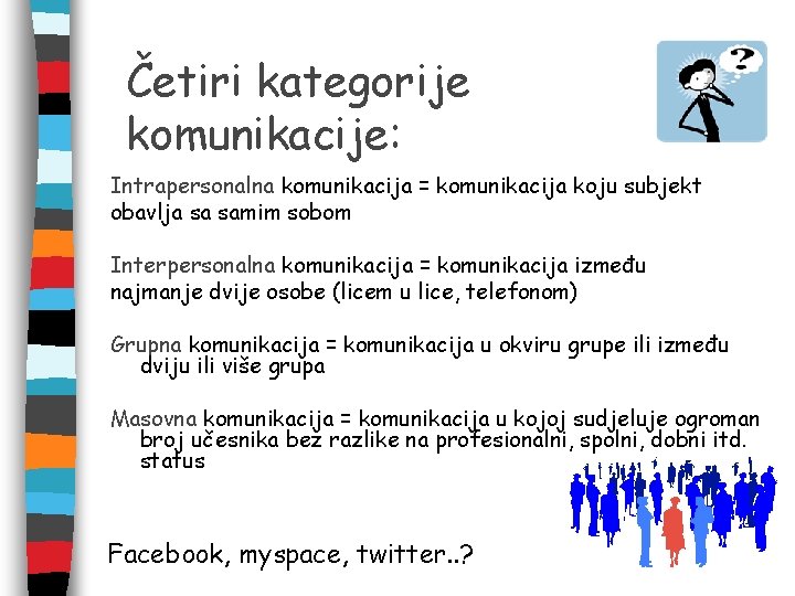 Četiri kategorije komunikacije: Intrapersonalna komunikacija = komunikacija koju subjekt obavlja sa samim sobom Interpersonalna