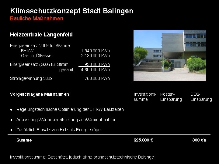 Klimaschutzkonzept Stadt Balingen Bauliche Maßnahmen Heizzentrale Längenfeld Energieeinsatz 2009 für Wärme BHKW Gas- u.