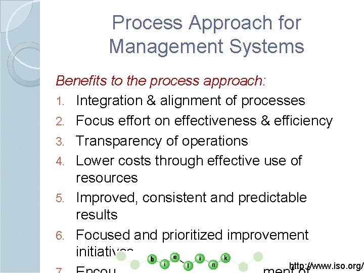 Process Approach for Management Systems Benefits to the process approach: 1. Integration & alignment