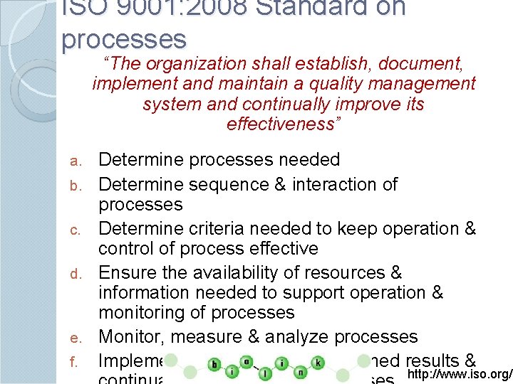 ISO 9001: 2008 Standard on processes “The organization shall establish, document, implement and maintain