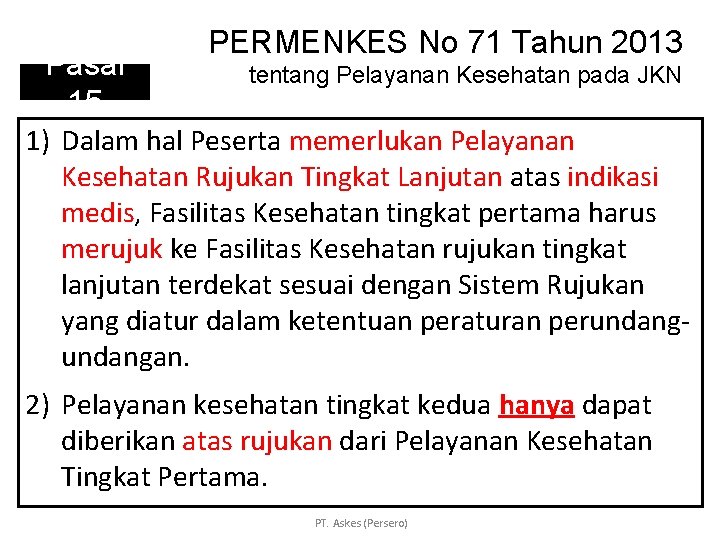 PERMENKES No 71 Tahun 2013 Pasal tentang Pelayanan Kesehatan pada JKN 15 1) Dalam