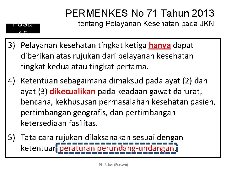 PERMENKES No 71 Tahun 2013 tentang Pelayanan Kesehatan pada JKN Pasal 15 3) Pelayanan