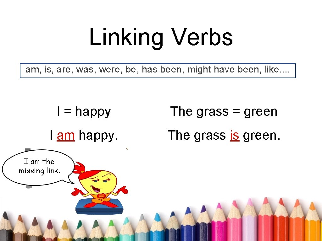 Linking Verbs am, is, are, was, were, be, has been, might have been, like.