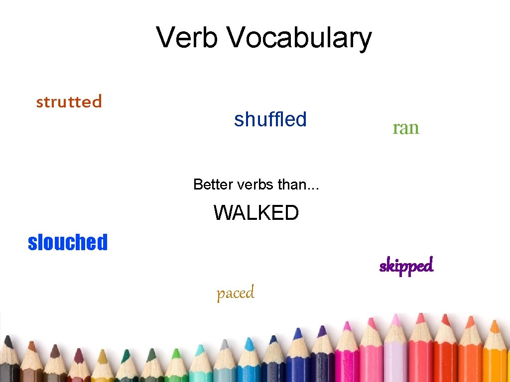 Verb Vocabulary strutted shuffled ran Better verbs than. . . WALKED slouched skipped paced