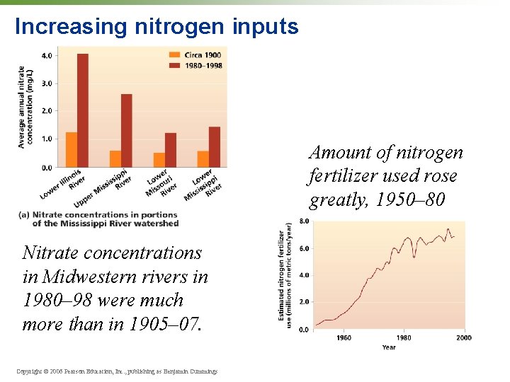 Increasing nitrogen inputs Amount of nitrogen fertilizer used rose greatly, 1950– 80 Nitrate concentrations