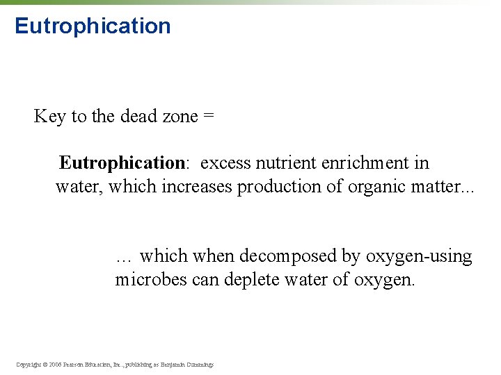 Eutrophication Key to the dead zone = Eutrophication: excess nutrient enrichment in water, which