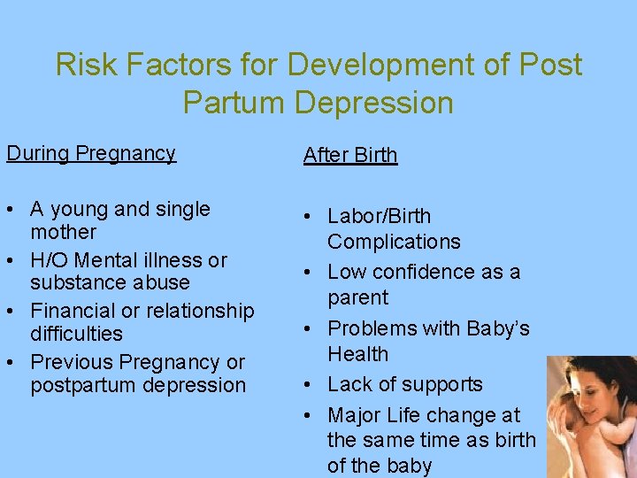 Risk Factors for Development of Post Partum Depression During Pregnancy After Birth • A