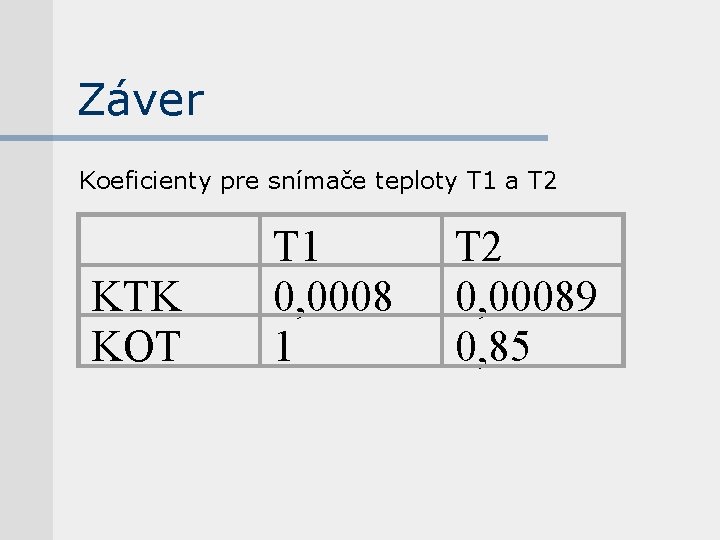 Záver Koeficienty pre snímače teploty T 1 a T 2 KTK KOT T 1