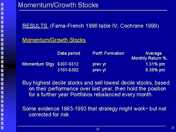 Momentum/Growth Stocks RESULTS (Fama-French 1996 table IV, Cochrane 1999) Momentum/Growth Stocks Data period Momentum