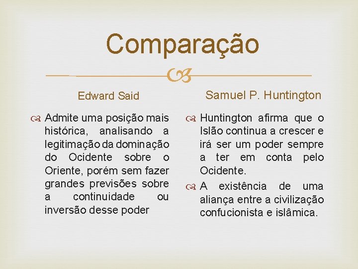 Comparação Edward Said Admite uma posição mais histórica, analisando a legitimação da dominação do