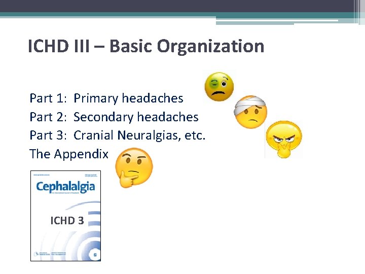 ICHD III – Basic Organization Part 1: Primary headaches Part 2: Secondary headaches Part