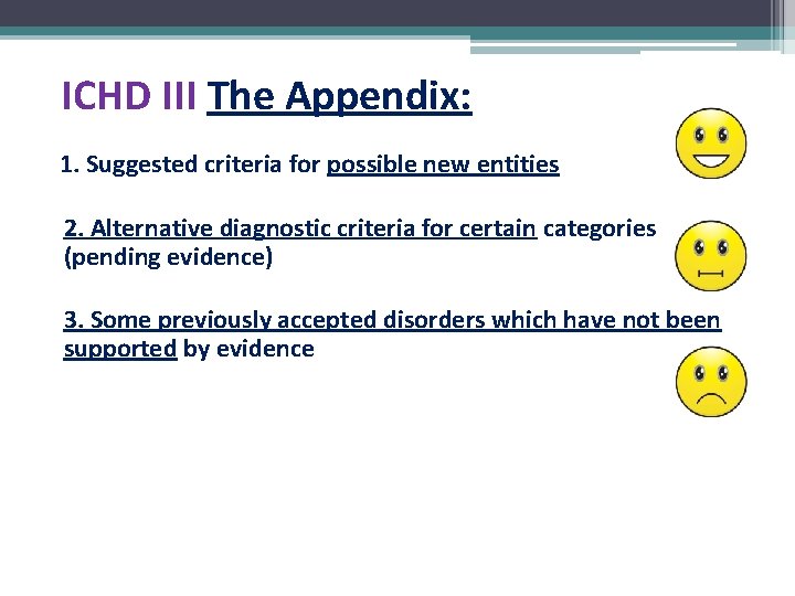 ICHD III The Appendix: 1. Suggested criteria for possible new entities 2. Alternative diagnostic