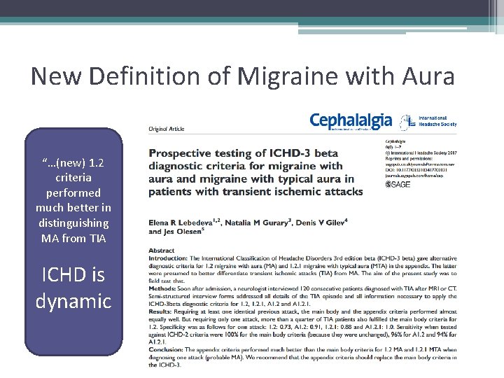 New Definition of Migraine with Aura “…(new) 1. 2 criteria performed much better in