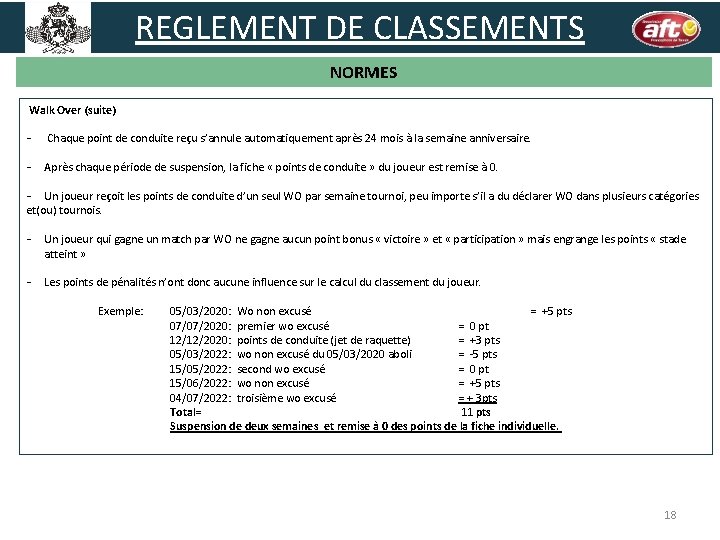 REGLEMENT DE CLASSEMENTS NORMES Walk Over (suite) - Chaque point de conduite reçu s’annule