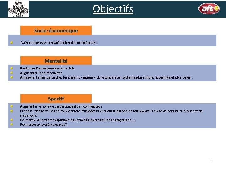 Objectifs Socio-économique Gain de temps et rentabilisation des compétitions. Mentalité Renforcer l’appartenance à un