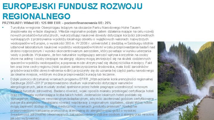 EUROPEJSKI FUNDUSZ ROZWOJU REGIONALNEGO PRZYKŁADY: Wkład UE: 125 000 EUR – poziom finansowania UE: EUROPEJSKI FUNDUSZ ROZWOJU REGIONALNEGO PRZYKŁADY: Wkład UE: 125 000 EUR – poziom finansowania UE:
