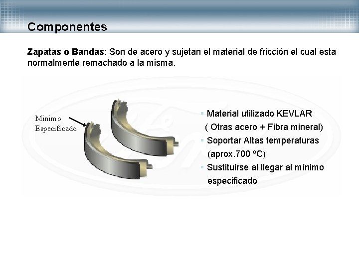 Componentes Zapatas o Bandas: Son de acero y sujetan el material de fricción el