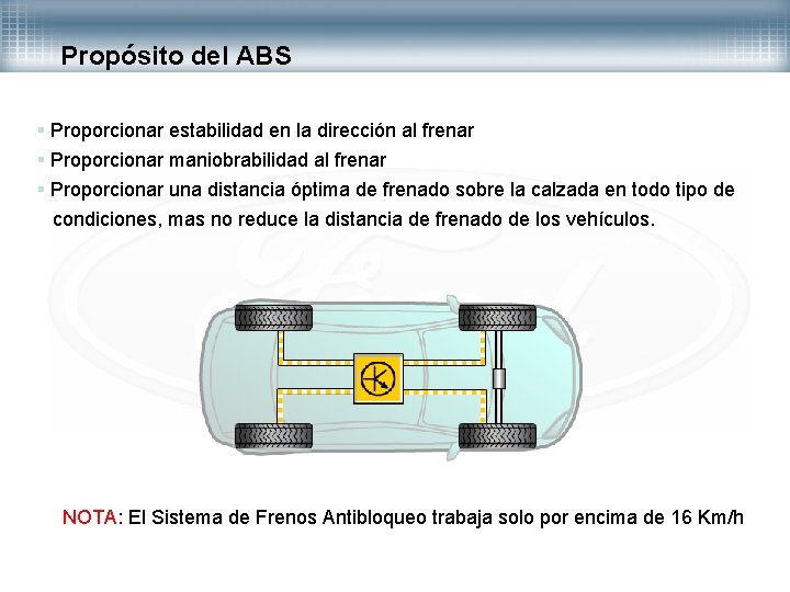 Propósito del ABS § Proporcionar estabilidad en la dirección al frenar § Proporcionar maniobrabilidad
