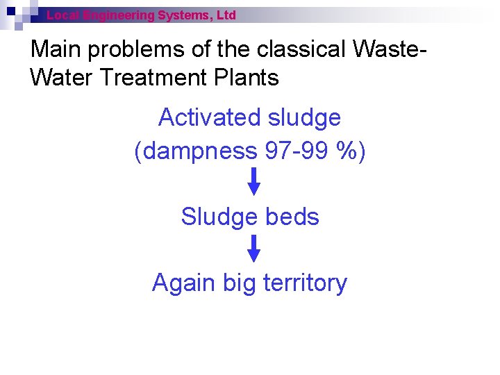 Local Engineering Systems, Ltd Main problems of the classical Waste. Water Treatment Plants Activated