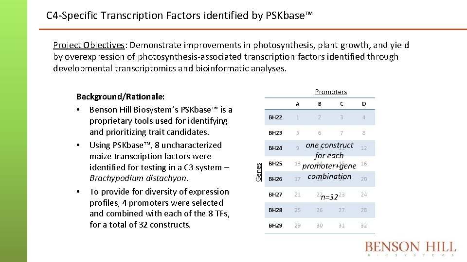 C 4 -Specific Transcription Factors identified by PSKbase™ Project Objectives: Demonstrate improvements in photosynthesis, C 4 -Specific Transcription Factors identified by PSKbase™ Project Objectives: Demonstrate improvements in photosynthesis,
