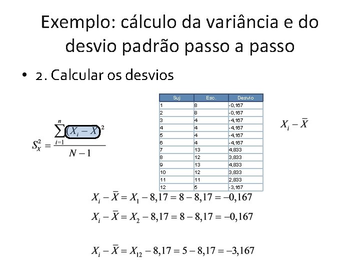 Exemplo: cálculo da variância e do desvio padrão passo a passo • 2. Calcular Exemplo: cálculo da variância e do desvio padrão passo a passo • 2. Calcular