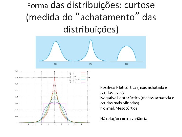 Forma das distribuições: curtose (medida do “achatamento” das distribuições) Positiva: Platicúrtica (mais achatada e Forma das distribuições: curtose (medida do “achatamento” das distribuições) Positiva: Platicúrtica (mais achatada e
