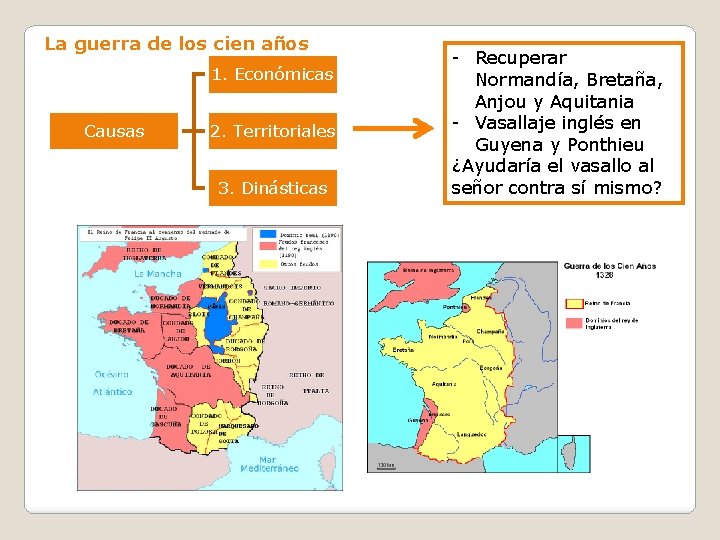 La guerra de los cien años 1. Económicas Causas 2. Territoriales 3. Dinásticas -